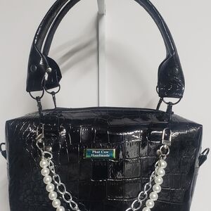 Black Patent Faux Leather Mini  Handbag with Pearl Chain.